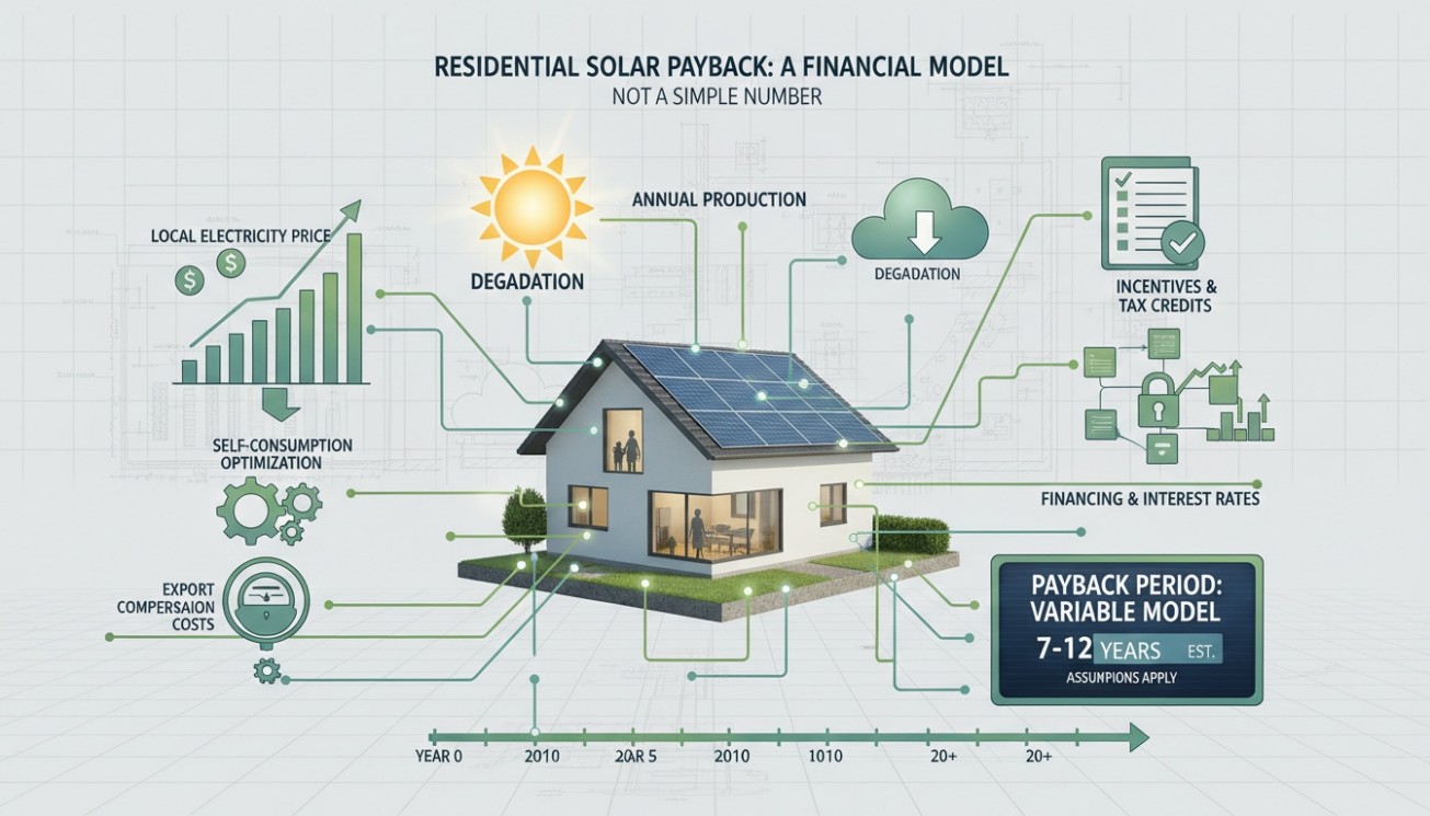 Residential solar payback financial model showing electricity price, annual production, incentives, financing, self-consumption, degradation, and variable payback period